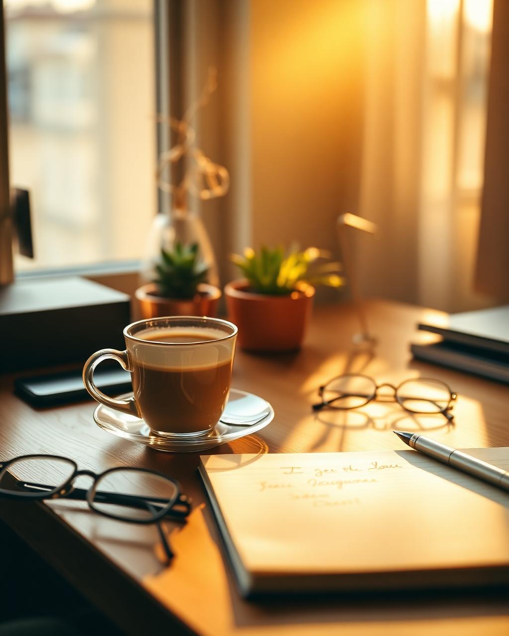 A warm, cozy workspace with tea and soft light